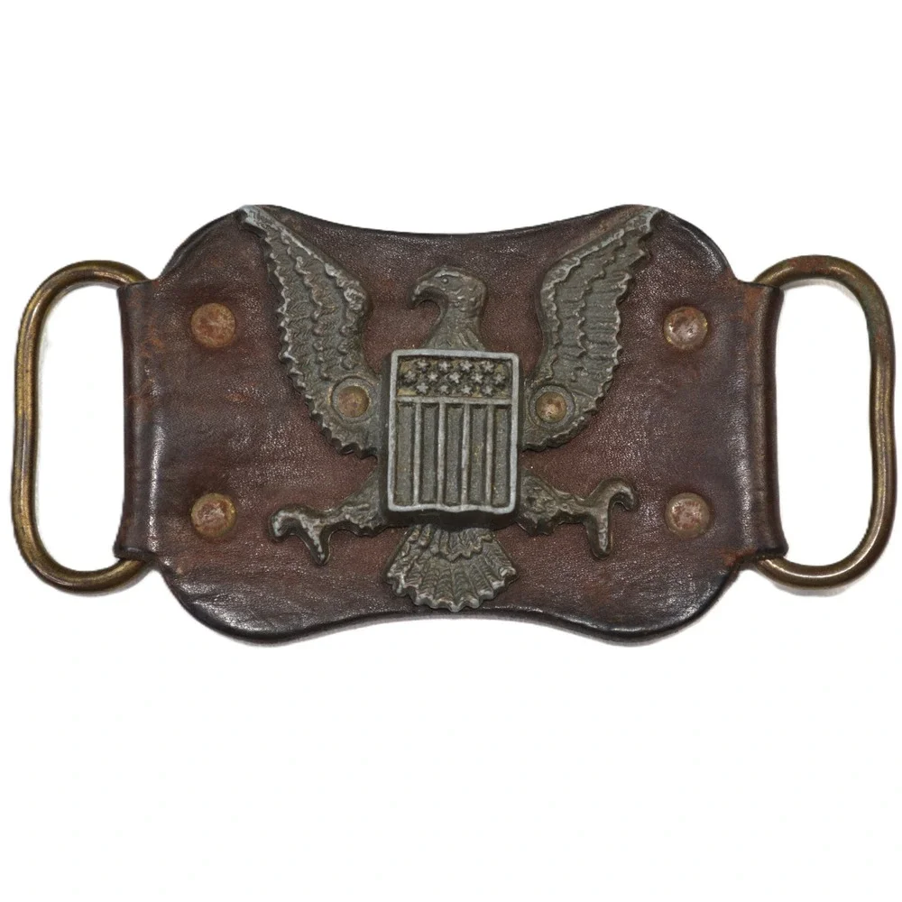 Vintage US Eagle Shield Leather Belt Buckle Americana Western Brown Distressed